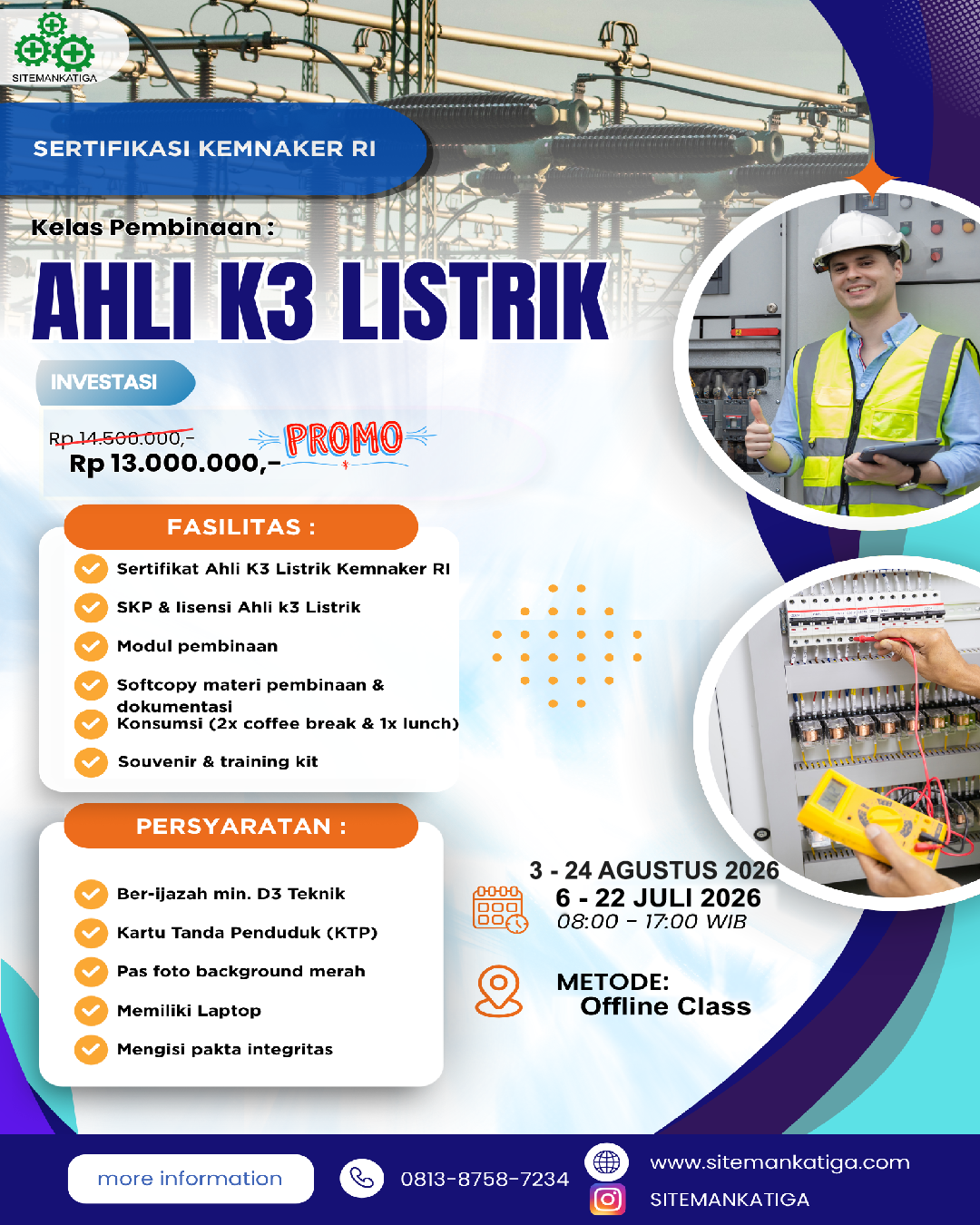Training KemnakerRI Ahli K3 Listrik SITEMANKATIGA Juli-Agustus 2026
