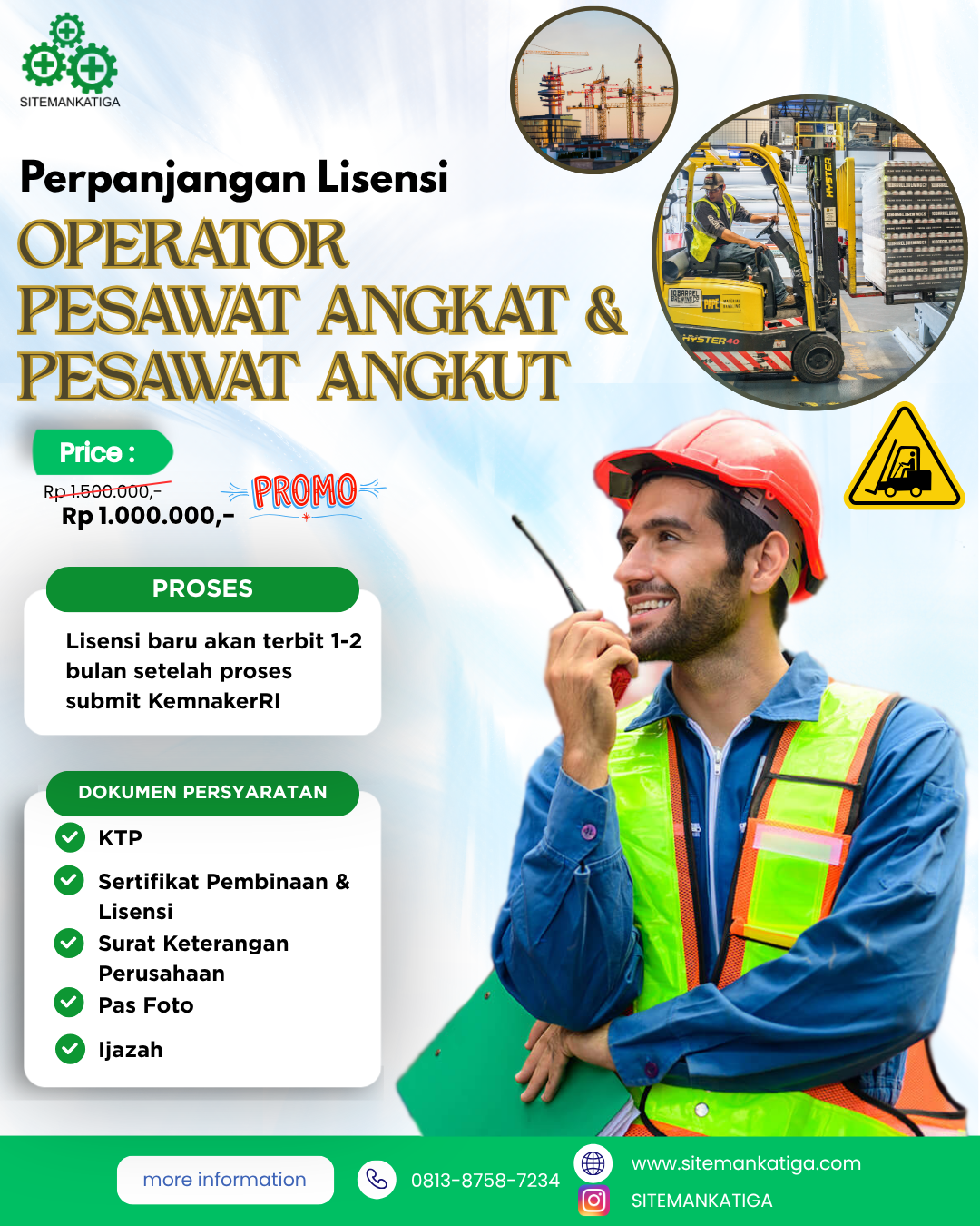 SIO, cargo hoist crane, crane, forklift, k3, kemnaker, kemnakerRI, lift barang, lisensi, lisensik3, operator forklift, papa, perpanjangan, pesawat angkut, pjk3, safety, sertifikasi, sertifikasik3, sitemankatiga