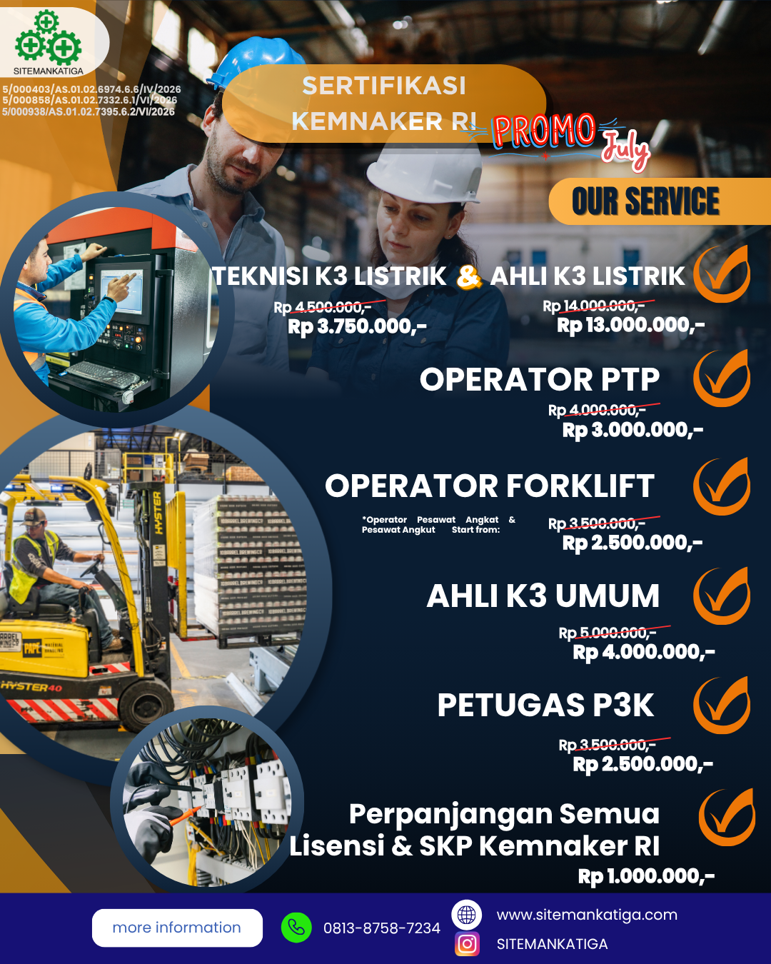 SertifikasiKemnaker, KemnakerRI, PelatihanK3, TrainingK3, AhliK3Umum, AhliK3Listrik, TeknisiK3Listrik, OperatorForklift, OperatorPTP, PetugasP3K, SertifikasiK3, KeselamatanKerja, SMK3, K3Indonesia, pjk3, kemnaker, SIO, TrainingIndonesia, sitemankatiga