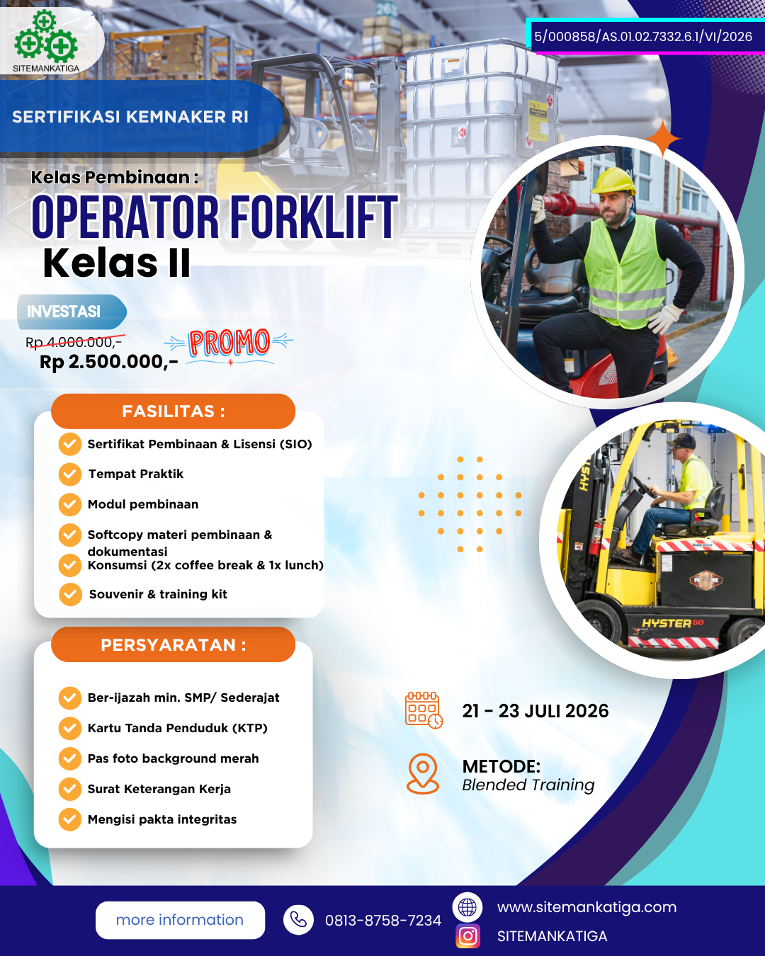 SertifikasiKemnaker, KemnakerRI, PelatihanK3, TrainingK3, OperatorForklift, SertifikasiK3, KeselamatanKerja, SMK3, K3Indonesia, pjk3, kemnaker, SIO, TrainingIndonesia, sitemankatiga, Forklift